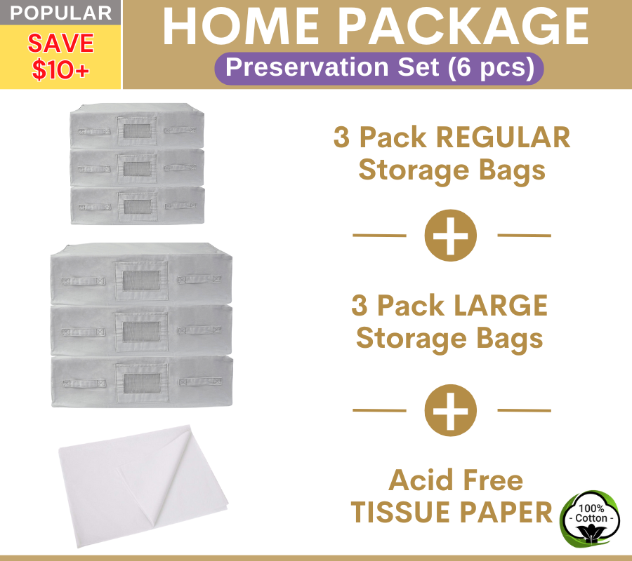 HOME Package | 3 REGULAR + 3 LARGE Grey Storage Bags + Acid Free Tissue Paper Preservation Set
