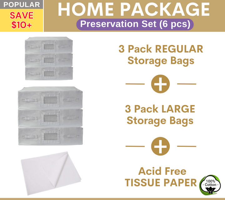 HOME Package | 3 REGULAR + 3 LARGE Grey Storage Bags + Acid Free Tissue Paper Preservation Set
