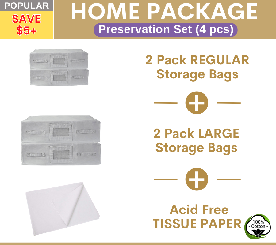 HOME Package | 2 REGULAR + 2 LARGE Light Grey Storage Bags + Acid Free Tissue Paper Preservation Set