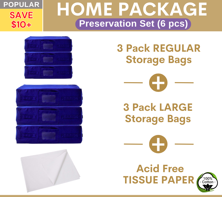 HOME Package | 3 REGULAR + 3 LARGE Navy Blue Storage Bags + Acid Free Tissue Paper Preservation Set