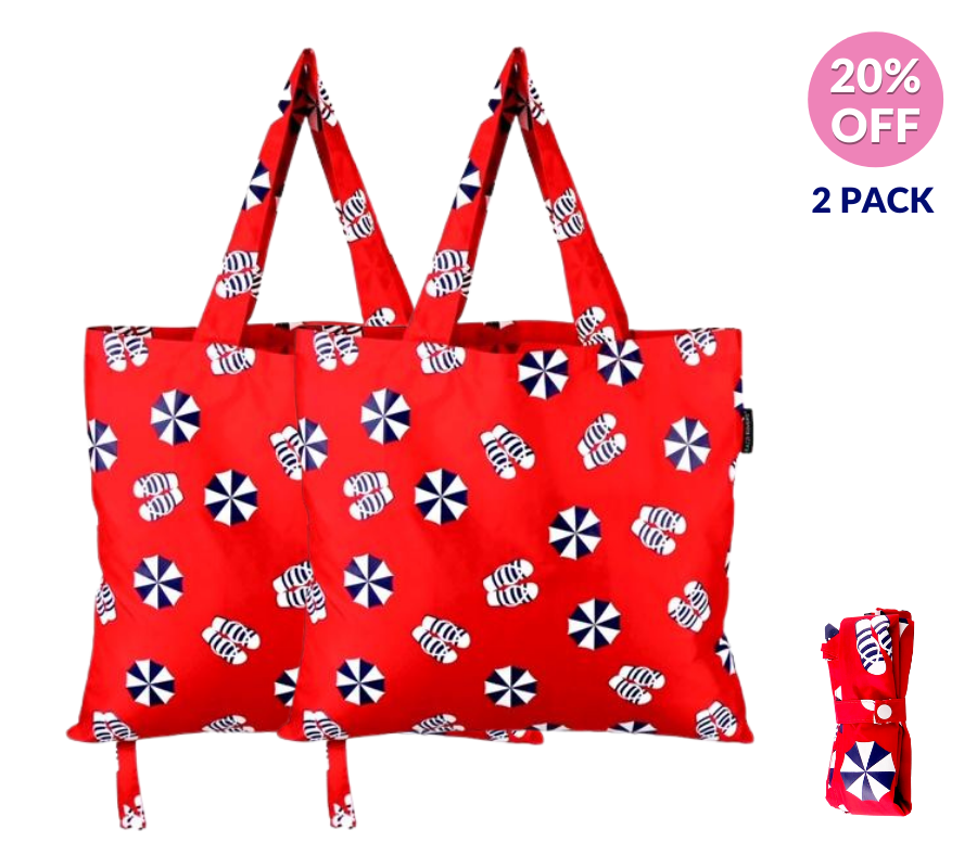 2PK Beach print foldable shopping tote bags