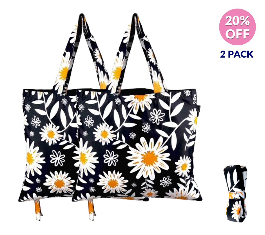 2PK Daisies foldable shopping tote bags