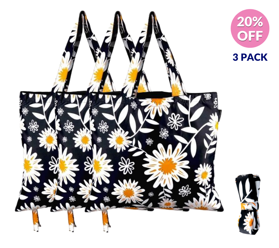 3PK Daisies foldable shopping tote bags