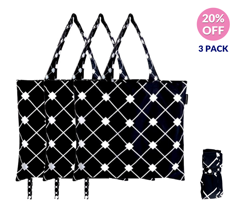 3PK Diamond print foldable shopping tote bags