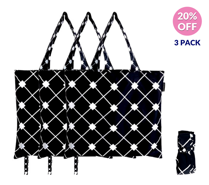 3PK Diamond print foldable shopping tote bags