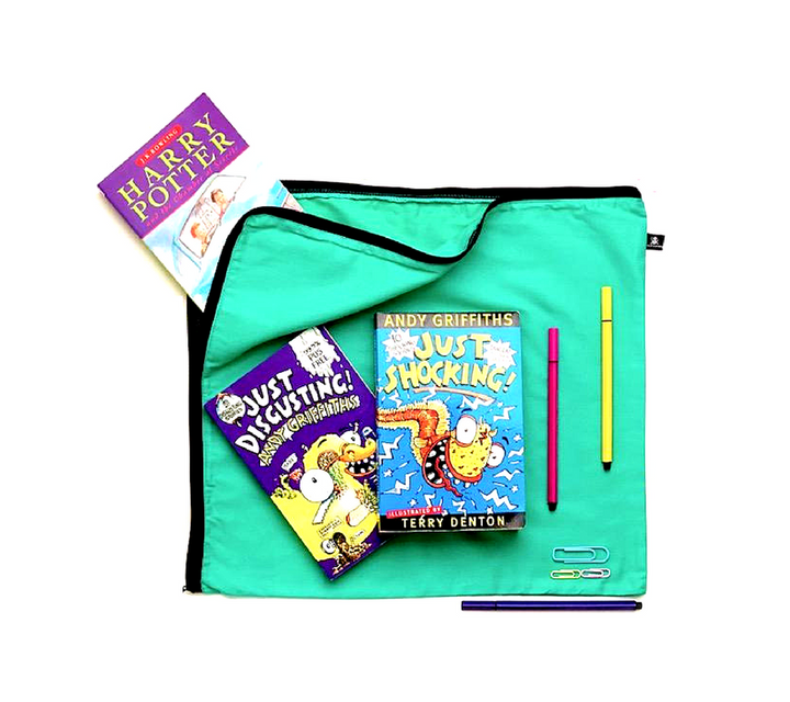 Green library and book bag