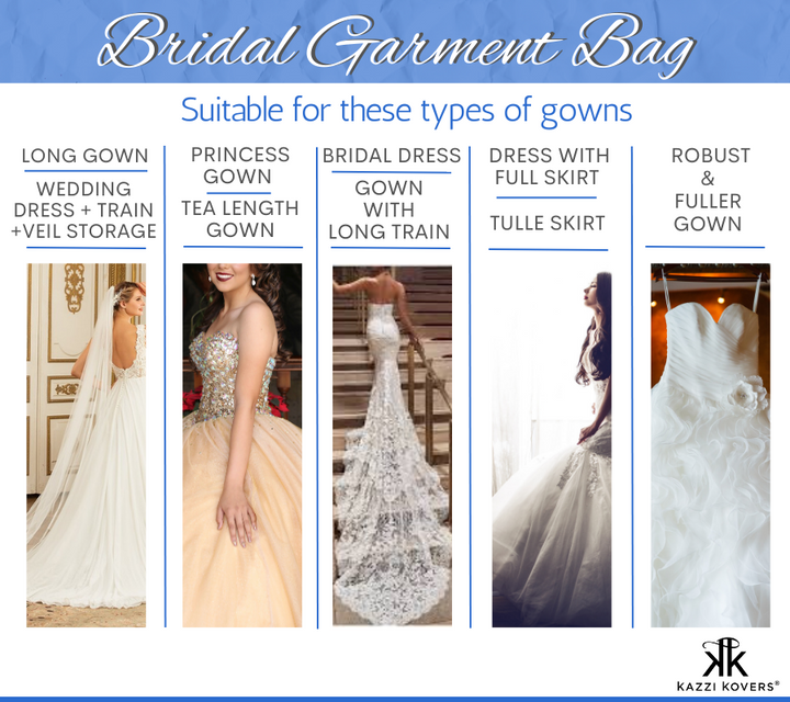 The bridal garment bag suitable for many types of dresses, trains, skirts, petticoats and more
