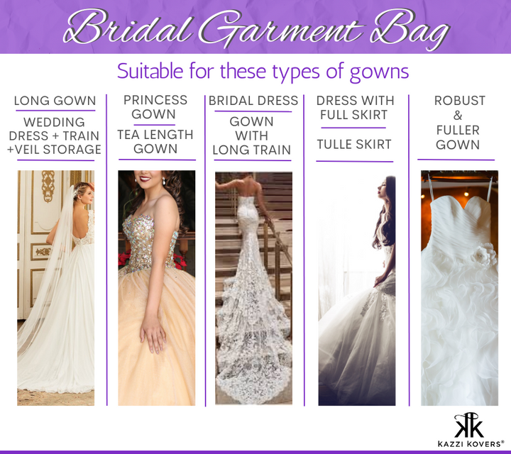 Various types of robust and long train wedding dresses suitable for the Bridal Garment Bag