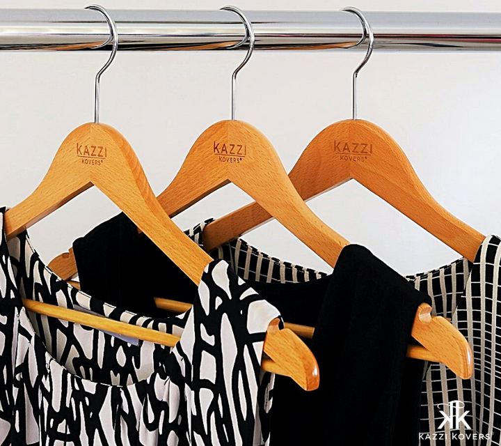 Kazzi Kovers wooden clothing hangers with aztec black and white tops