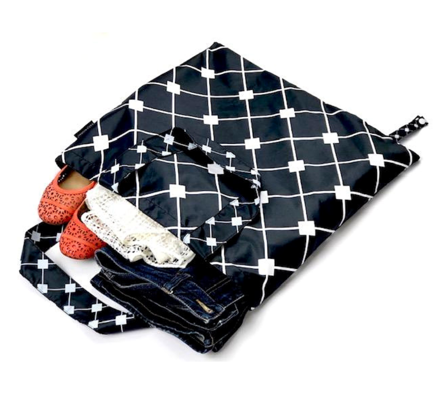 Navy and white diamond print foldable bag for travel, shopping and everyday use