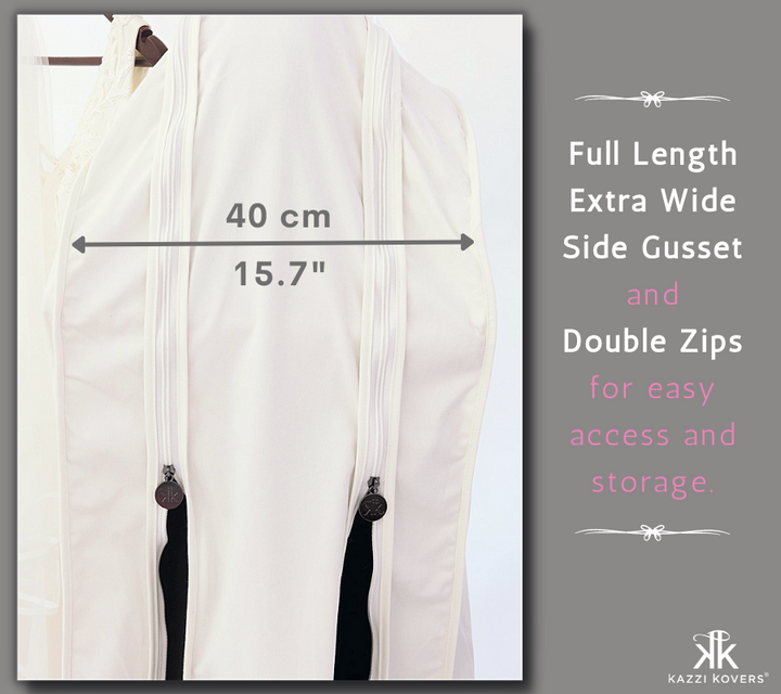 Extra wide full length gusset with double zips for easy access and storage of your wedding dress