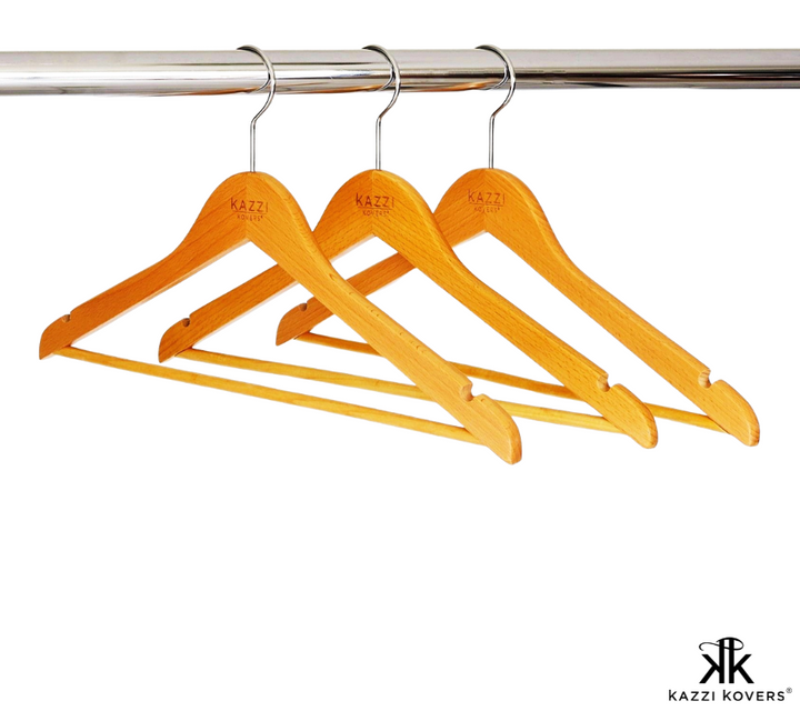Kazzi Kovers solid wood clothes hangers on rack