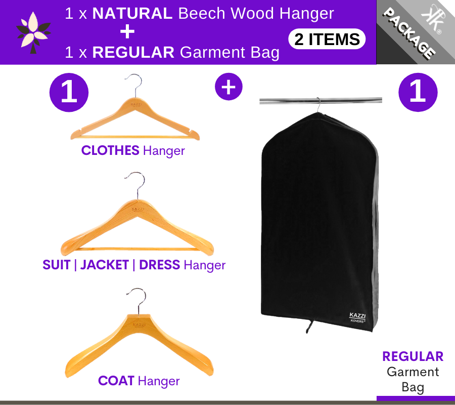 1 x REGULAR Black Garment Bag + 1 x NATURAL Hanger | European Beech Wood