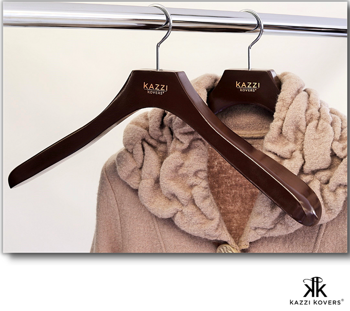 Kazzi Kovers timber coat hangers with beige wool coat