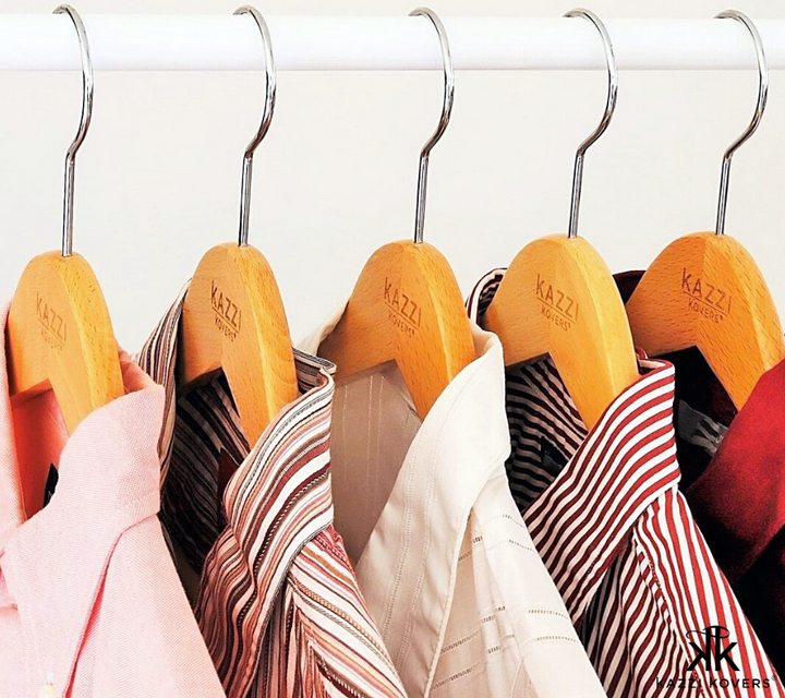 Kazzi Kovers wooden shirt hanger with 360° chrome swivel hook for easy storage
