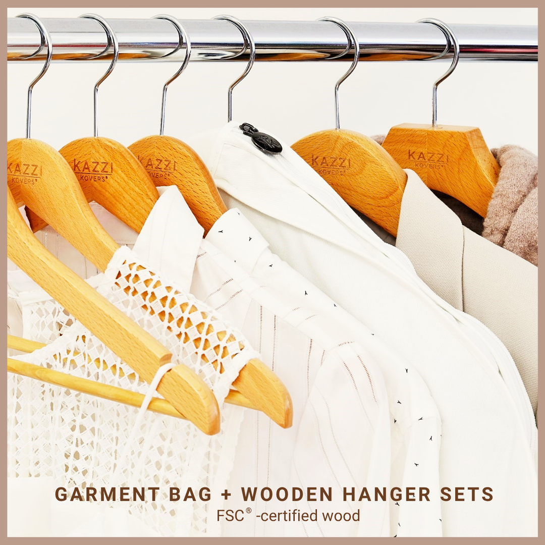 Kazzi Kovers breathable garment bag and premium wooden hanger set to protect and store suits, dresses, coats and delicate garments season after season