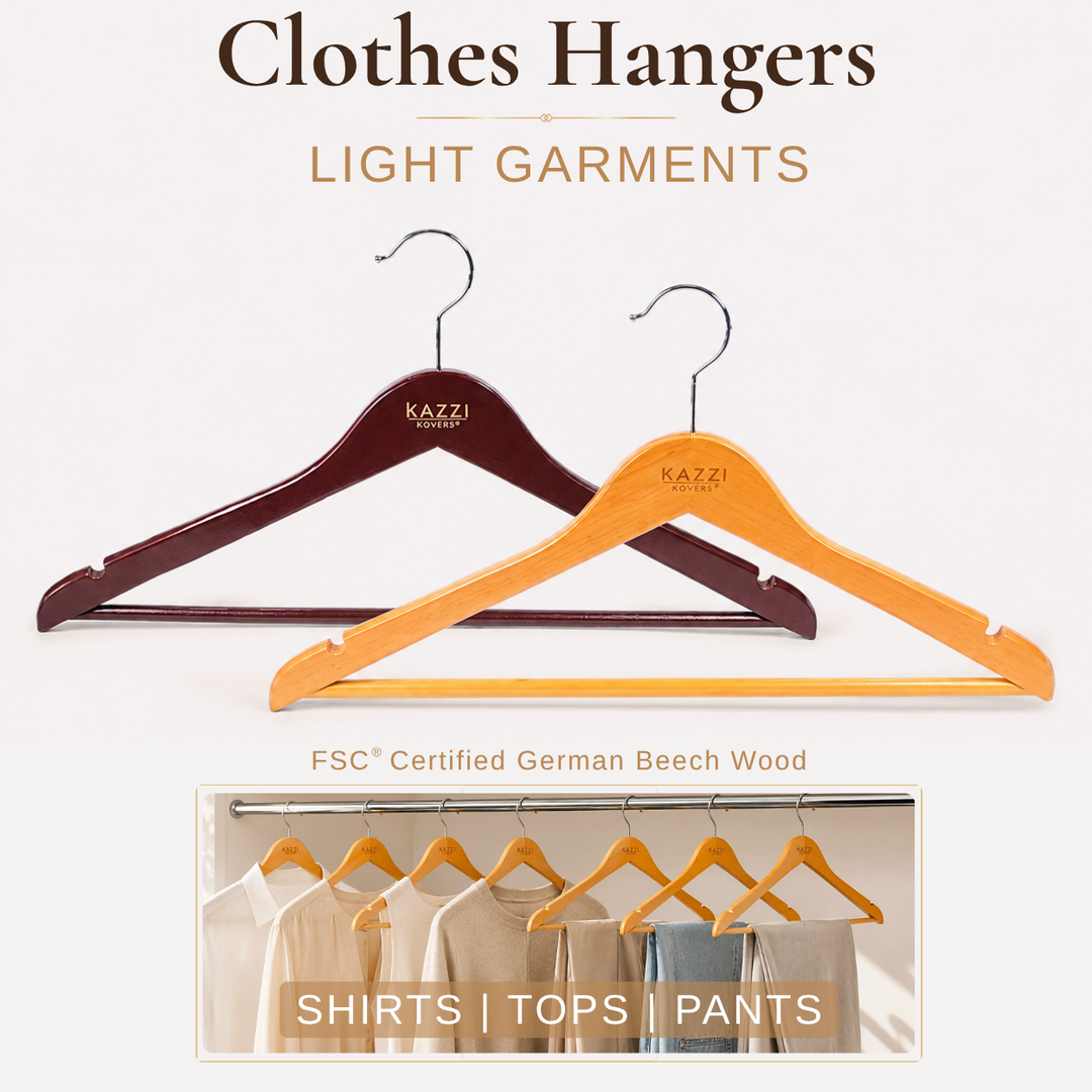 Clothes hangers in natural wood grain and walnut finished beech wood for shirts, tops, pants, and jeans