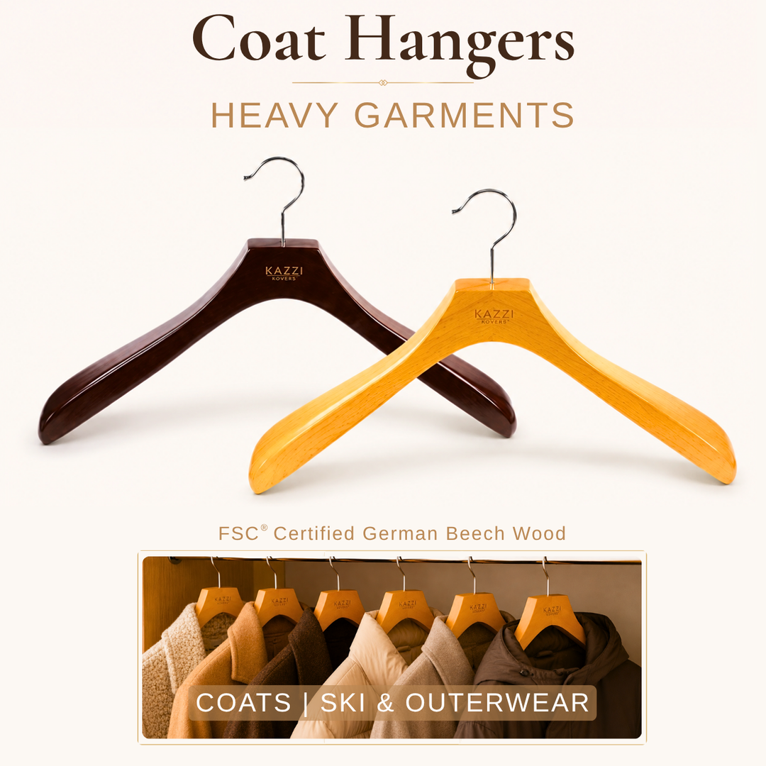 Coat hangers in natural wood grain and walnut finishes for heavy garments, including heavy winter coats, ski & outwear, and robust gowns.