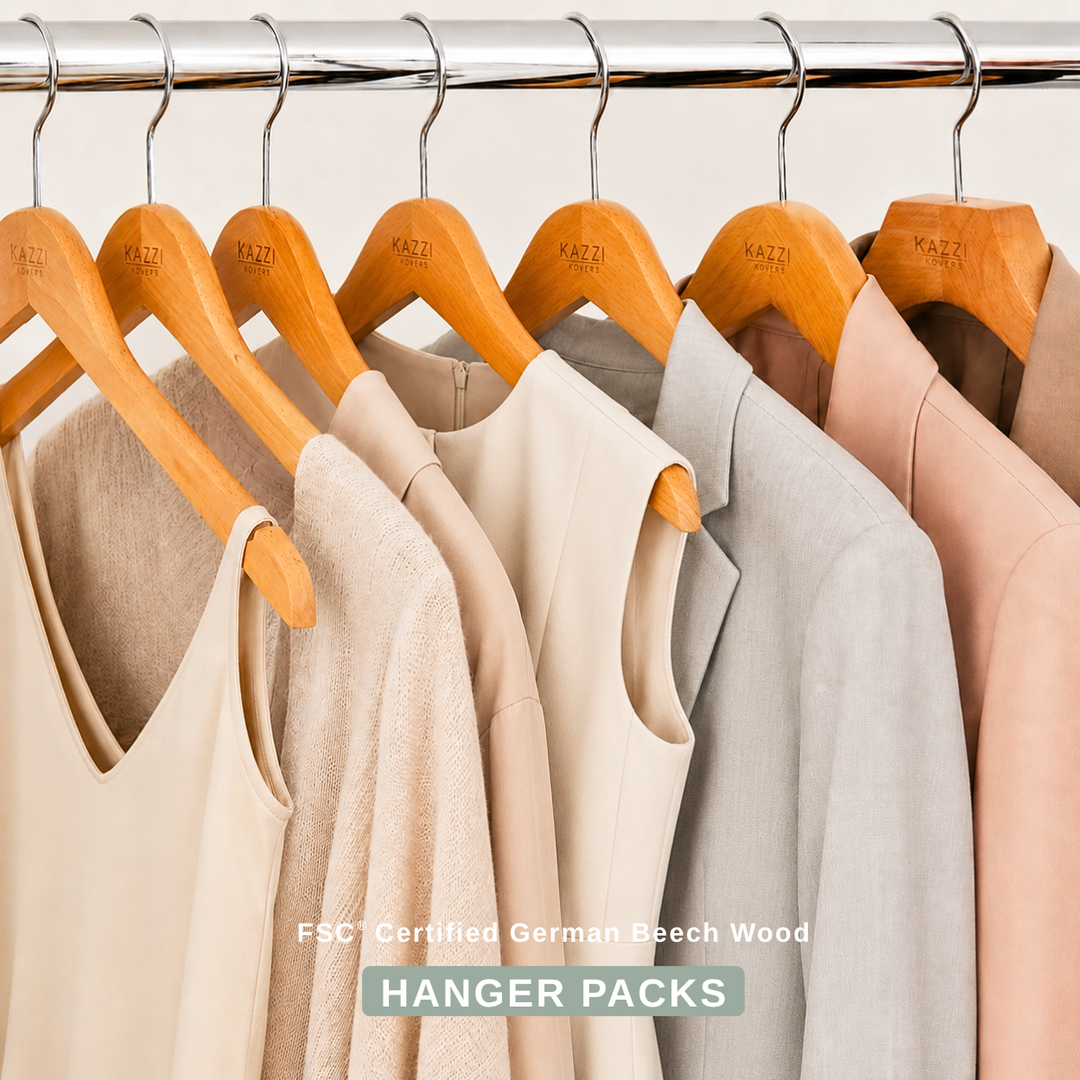 Wooden clothes hangers in various sizes for lightweight garments, suits, jackets and coats shown in a natural wood grain finish.