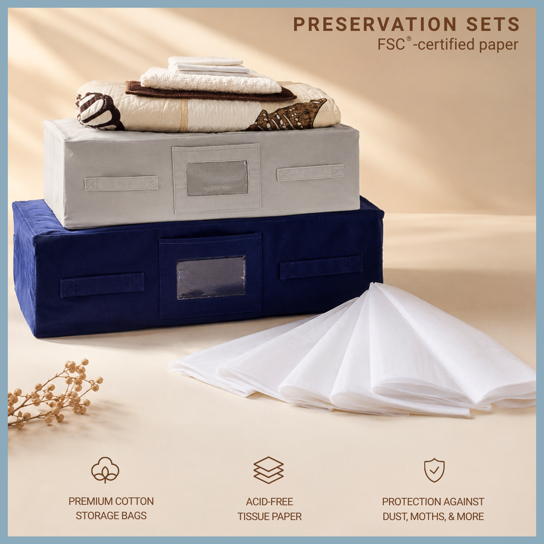 Kazzi Kovers breathable cotton storage bags and acid-free tissue paper sets for preservation of cashmere, wool, silk, handmade quilts, seasonal items and keepsakes