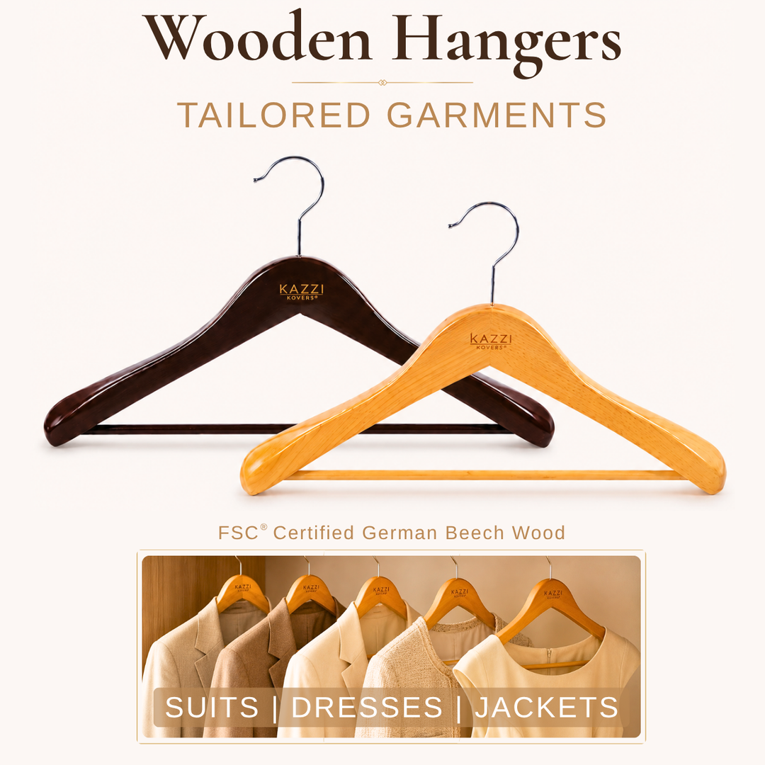 Wooden hangers in natural wood grain and walnut finishes for tailored garments including suits, dresses, jackets and coats.