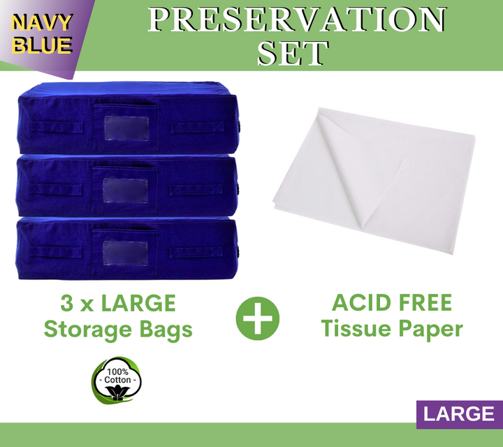 3PK Navy Blue Large Storage Bags + Acid Free Tissue Paper Preservation Set | Kazzi Kovers