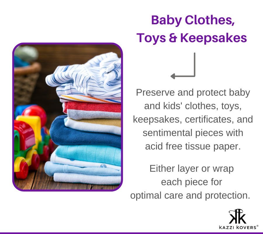 Protect and preserve baby and kids keepsakes, toys, and certificates by wrapping or layering your sentimental pieces in acid free tissue paper and organising them in the cotton storage bag