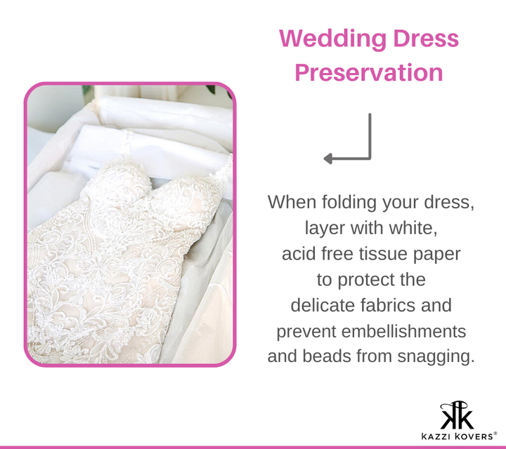 Layering acid free tissue paper between the folds of your wedding dress protects the delicate fabrics, beading, and embellishments from snagging