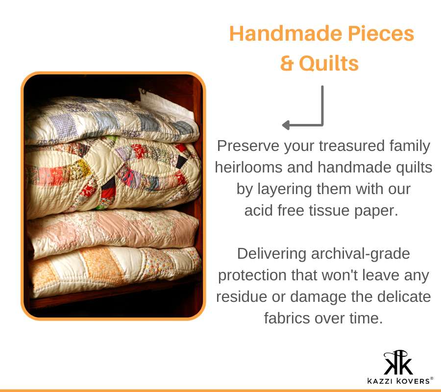 Layering your handmade quilts and pieces with acid free tissue paper helps preserve and protect their longevity