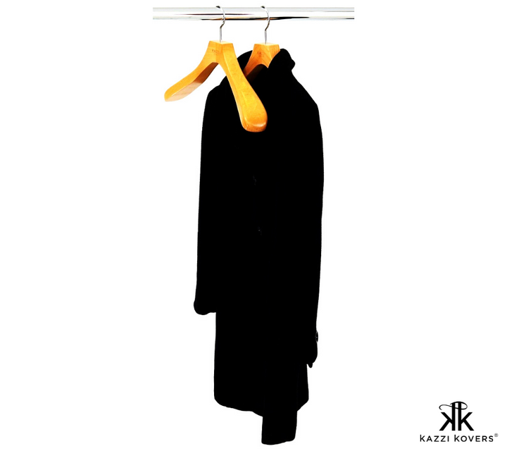 Below the knee black coat hanging on solid natural wood hanger | Kazzi Kovers