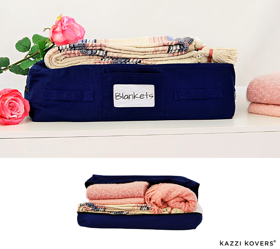 Fully enclosed navy blue regular size storage bag for blankets, throws, decorative pieces, and seasonal items