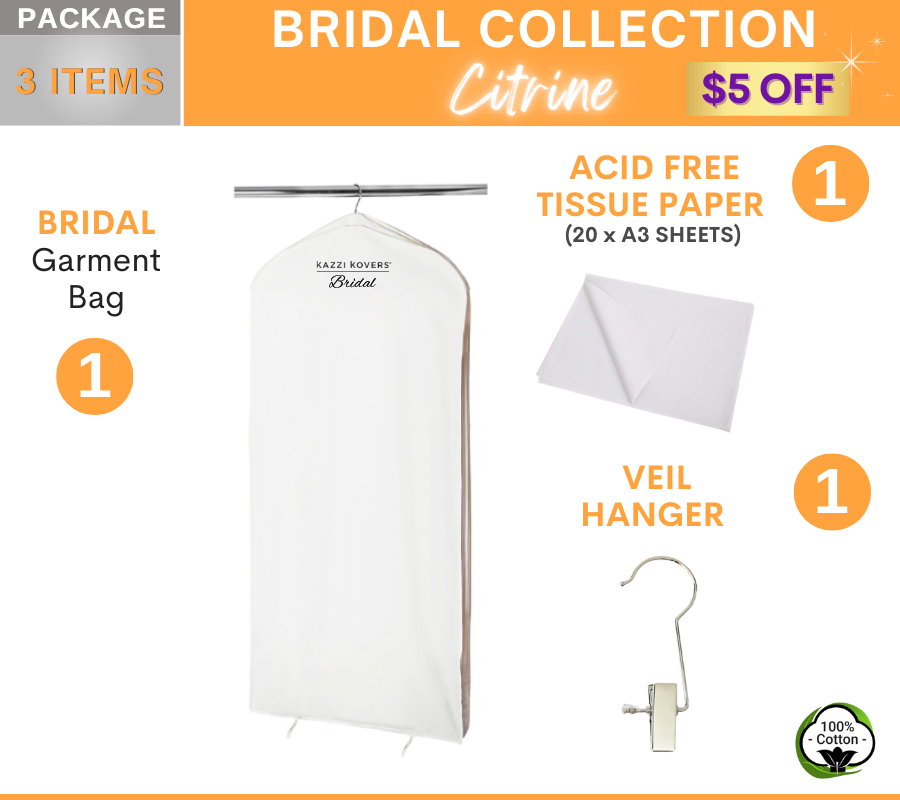 Bridal Package Citrine | 1 x Bridal Garment Bag, 1 x Veil Hanger and 20 sheets of Acid Free Tissue Paper