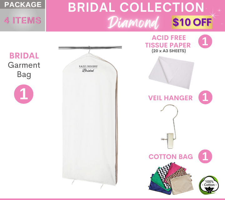 Bridal Package Diamond | 1 x Bridal Garment Bag, 1 x Veil Hanger, 20 sheets of Acid Free Tissue Paper, 1 x Cotton Bag