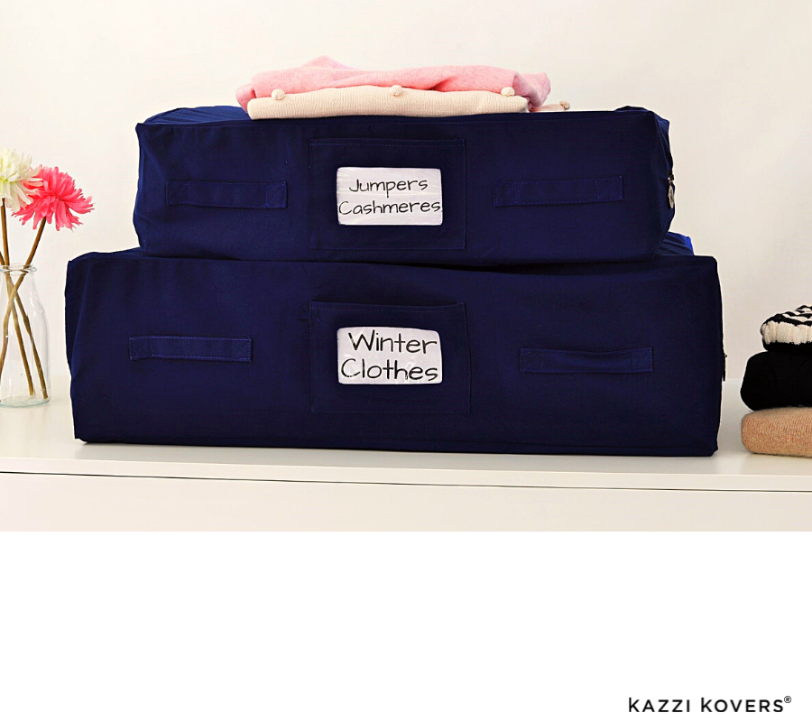 Large and Regular size navy blue storage bags to store and protect your delicate winter clothing, cashmere, silks, and seasonal pieces