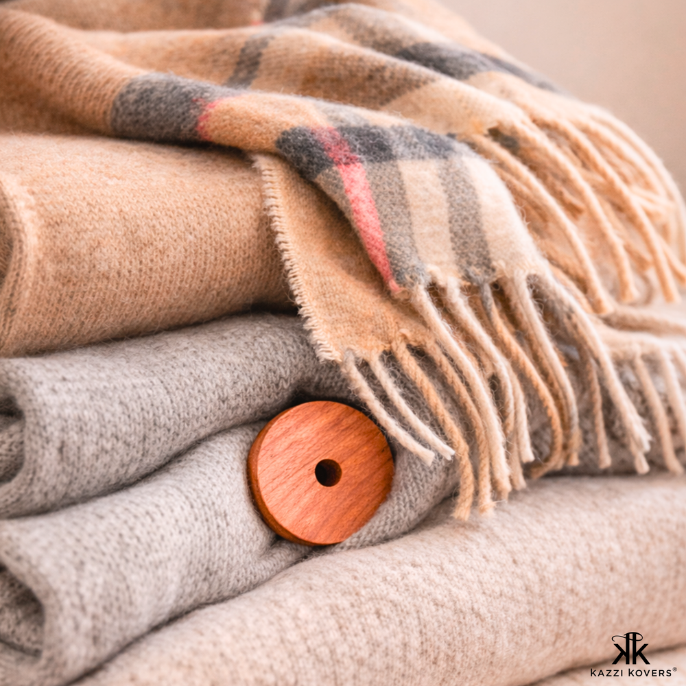 Neatly folded knitwear, a striped beige scarf and a cedar ring create natural protection—moths natural repellent helping safeguard closets and drawers from moths and insects year-round