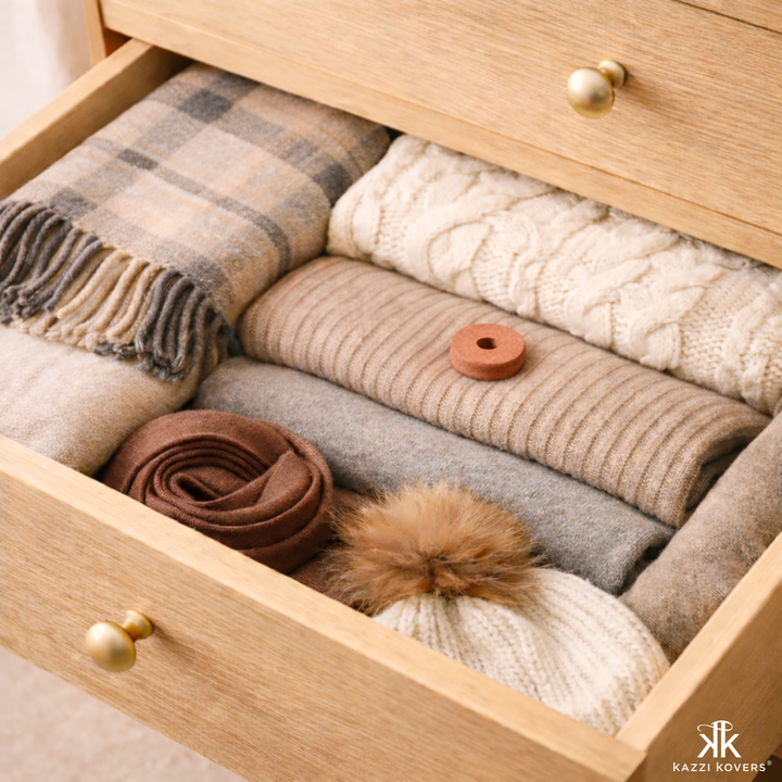 A wooden drawer filled with folded sweaters, wool scarves and knitwear, protected by a cedar ring that acts as a moth repellent for closet and drawers—helping safeguard delicate fabrics from insects