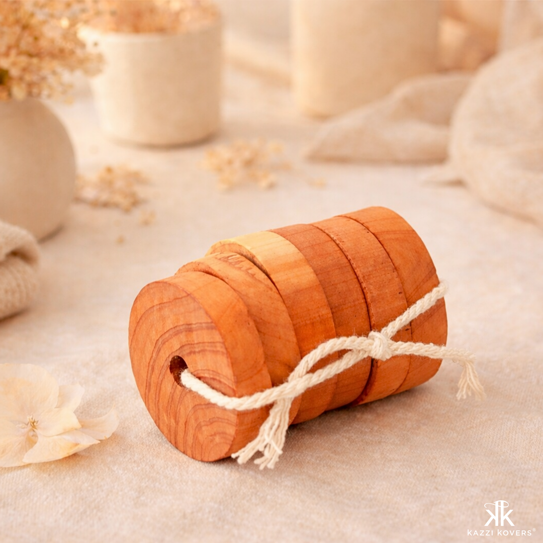 Kazzi Kovers cedar rings are a natural cedar moth repellent for wardrobes, and more—absorbing odours while keeping spaces fresh and protected from moths and insects year-round