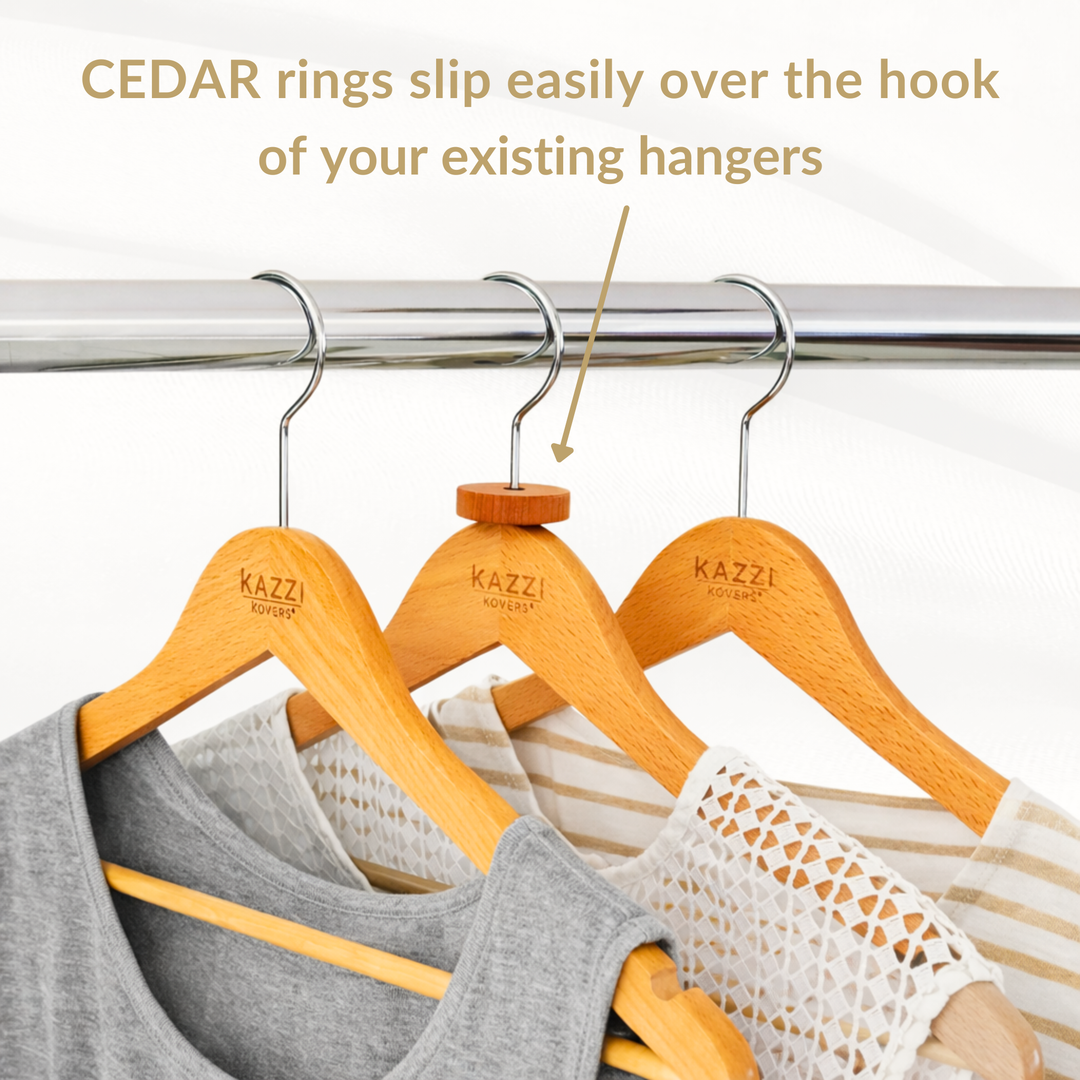 Cedar rings slip easily over the hook of your existing hangers. Place 1-2m apart for optimum care and garment protection | Kazzi Kovers