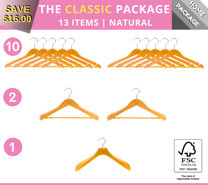 The CLASSIC Package | Natural Wood Hangers | 13 Items