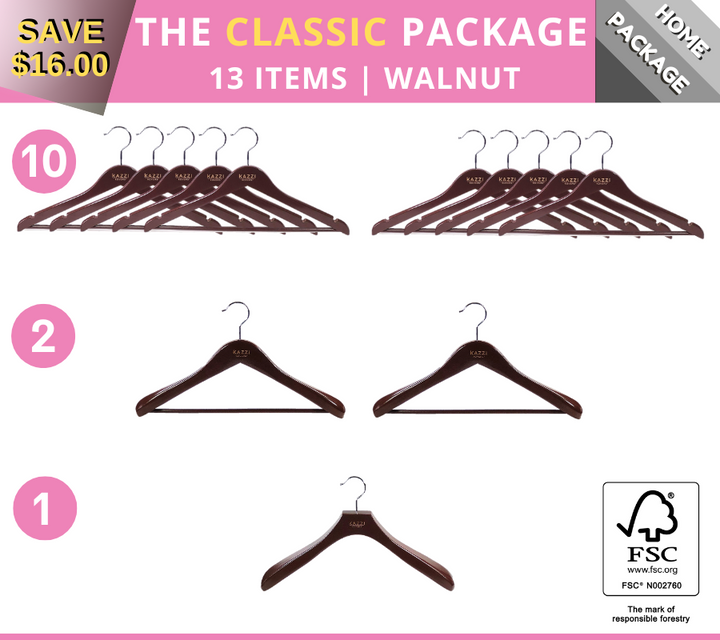 The CLASSIC Package Walnut Wood Hangers | 13 Items