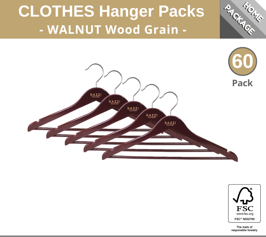 60PK Wooden CLOTHES Hangers | WALNUT Wood Grain