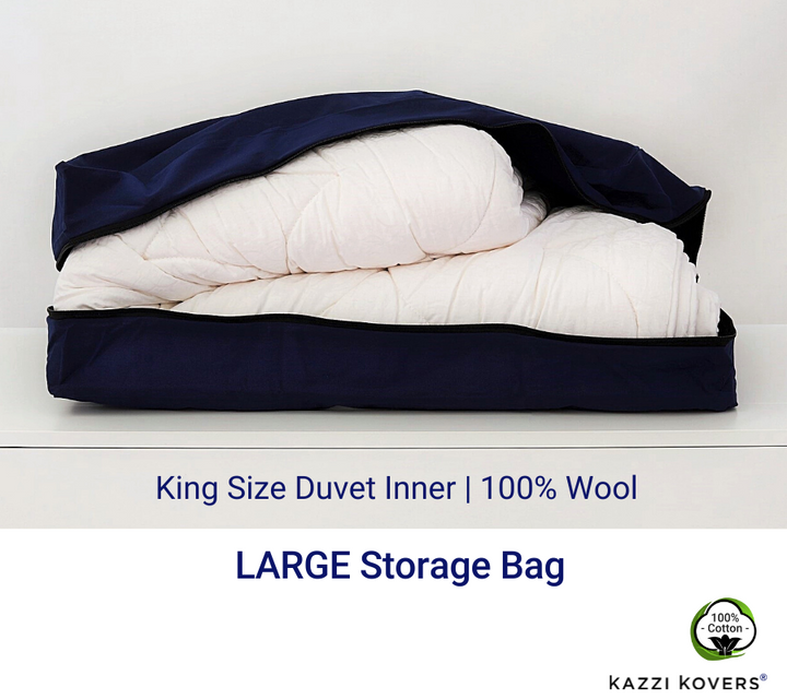 King size wool duvet inner stored inside large storage bag. Spacious and fully enclosed 100% cotton storage bag