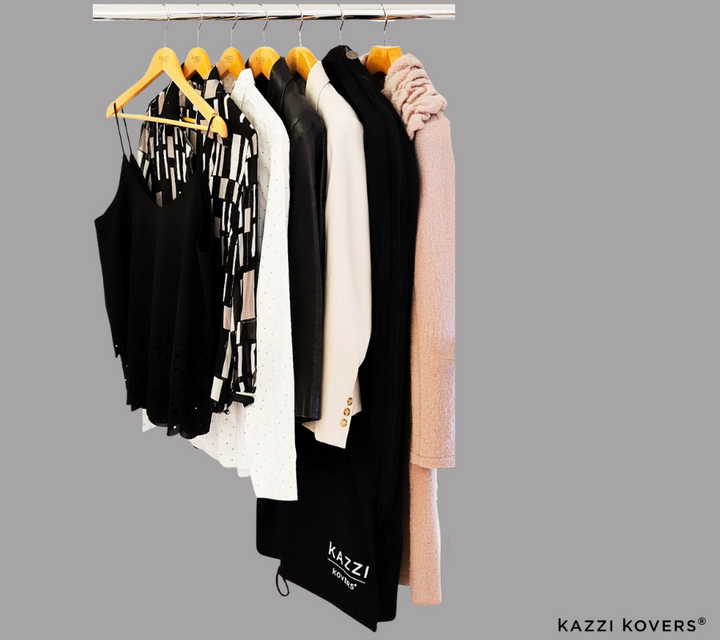 Full length view of Kazzi Kovers Regular Garment Bag with tops, blouse, jackets and coat