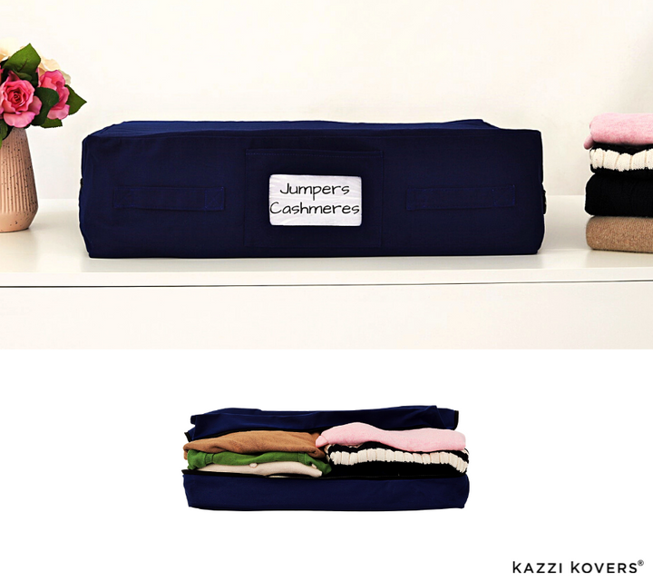 Jumpers, sweaters and cardigans stored in regular size navy blue storage bag | Kazzi Kovers