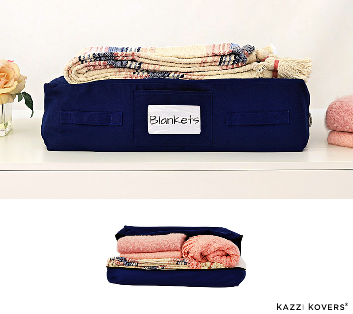 Fully enclosed large blanket storage bag in navy blue