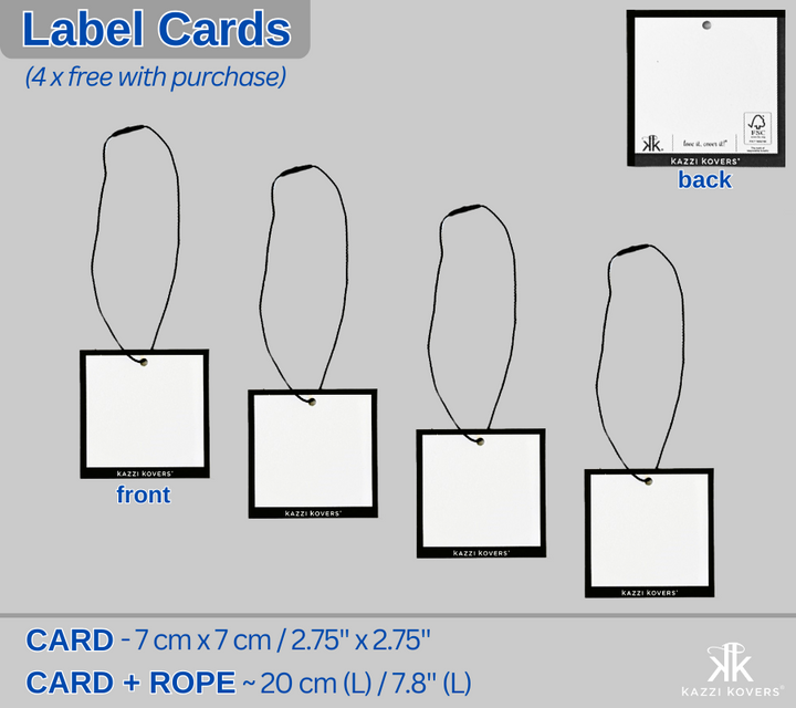 Kazzi Kovers label cards for garment bags | 4 x free with purchase.