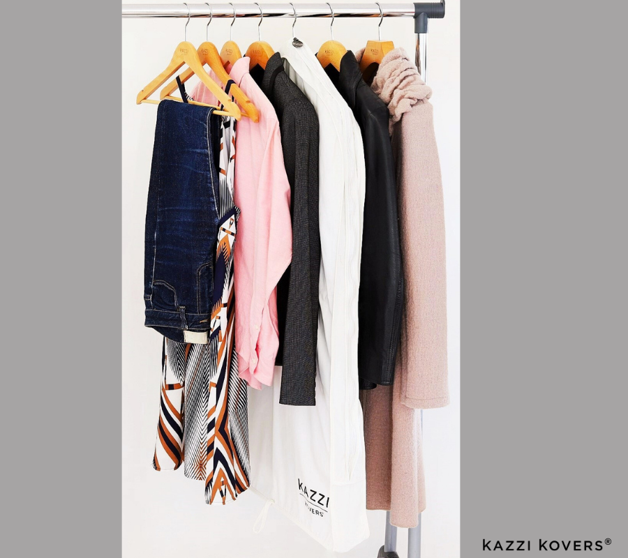 Full length view of regular size cream garment bag and various pieces of clothing | Kazzi Kovers