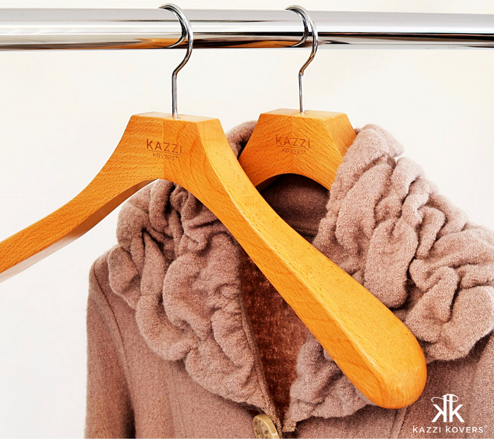 European Beech Wood Coat Hanger with beige wool coat | Kazzi Kovers