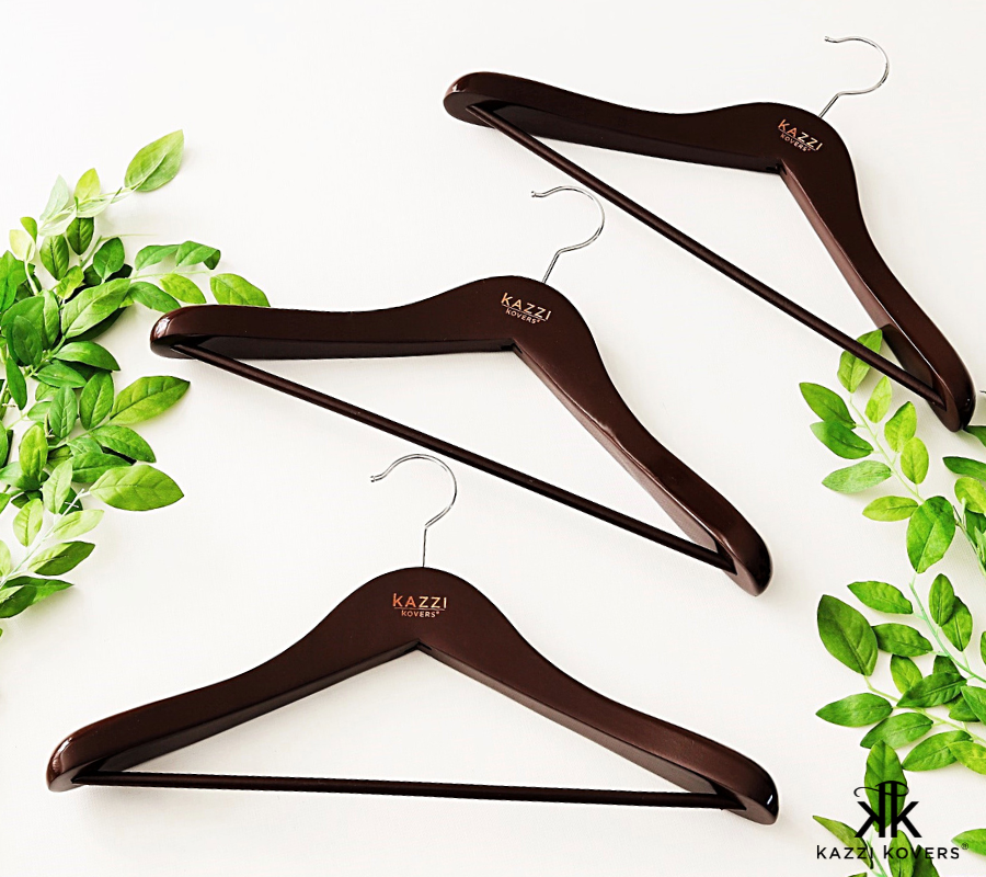 Stylish solid wood suit, dress and coat hangers in walnut colour | Kazzi Kovers