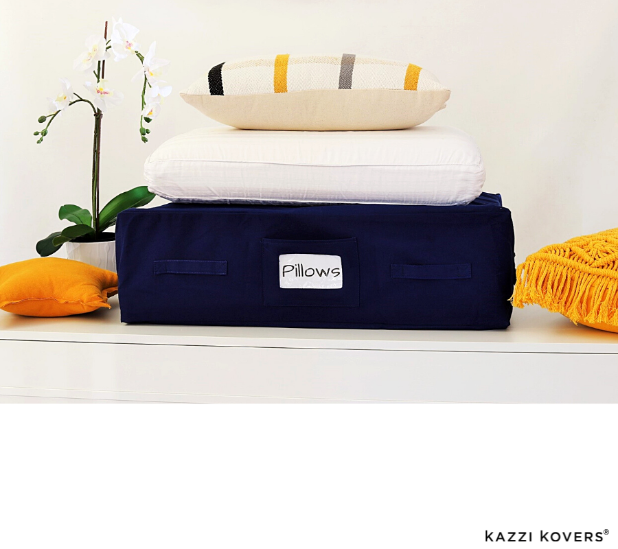 Fully enclosed navy blue storage bags to protect your seasonal pillows, linens and other items from the elements